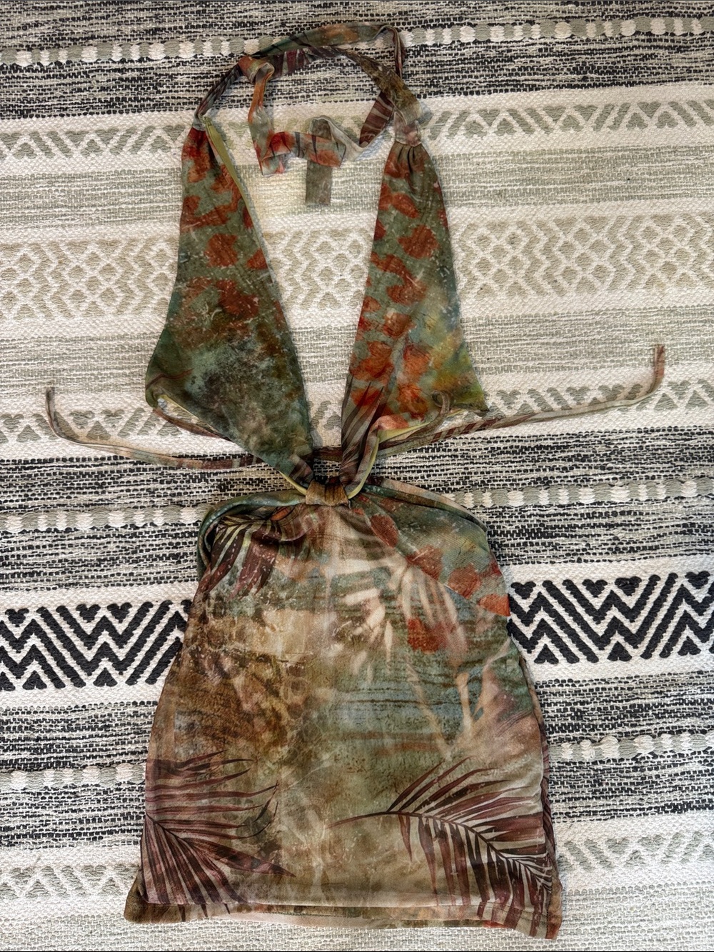 Green and Brown Tropical Print Halter Top